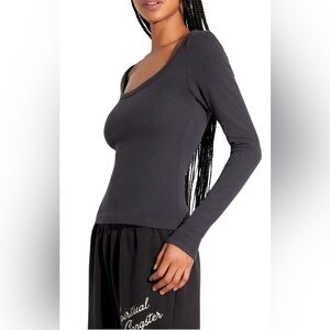 NWT Spiritual Gangster Medium Gray Top Chrissie Ribbed Scoop Neck Long Sleeve